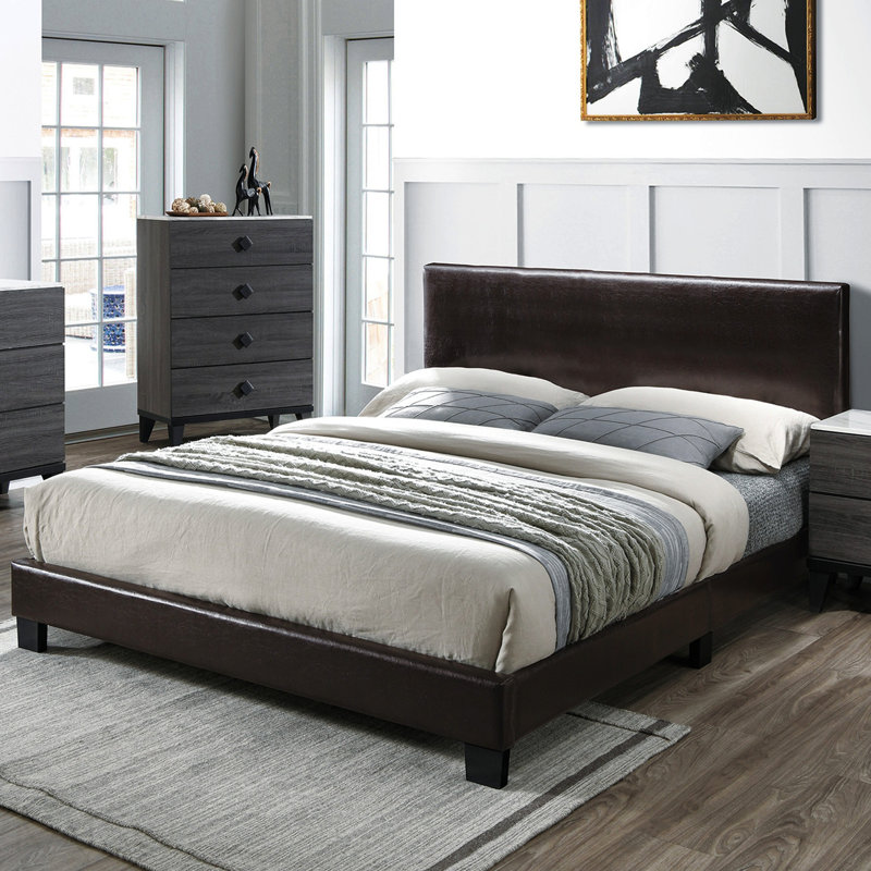 Tête de lit ajustable en similicuir pour lit double moderne brun, Lit double
