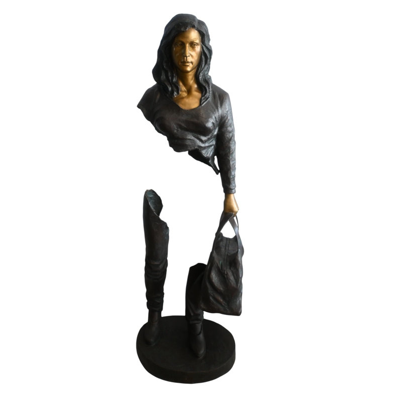 Statue de vendeuse en bronze avec sac à main, figurine abstraite 24 po x 20 po x H 70 po