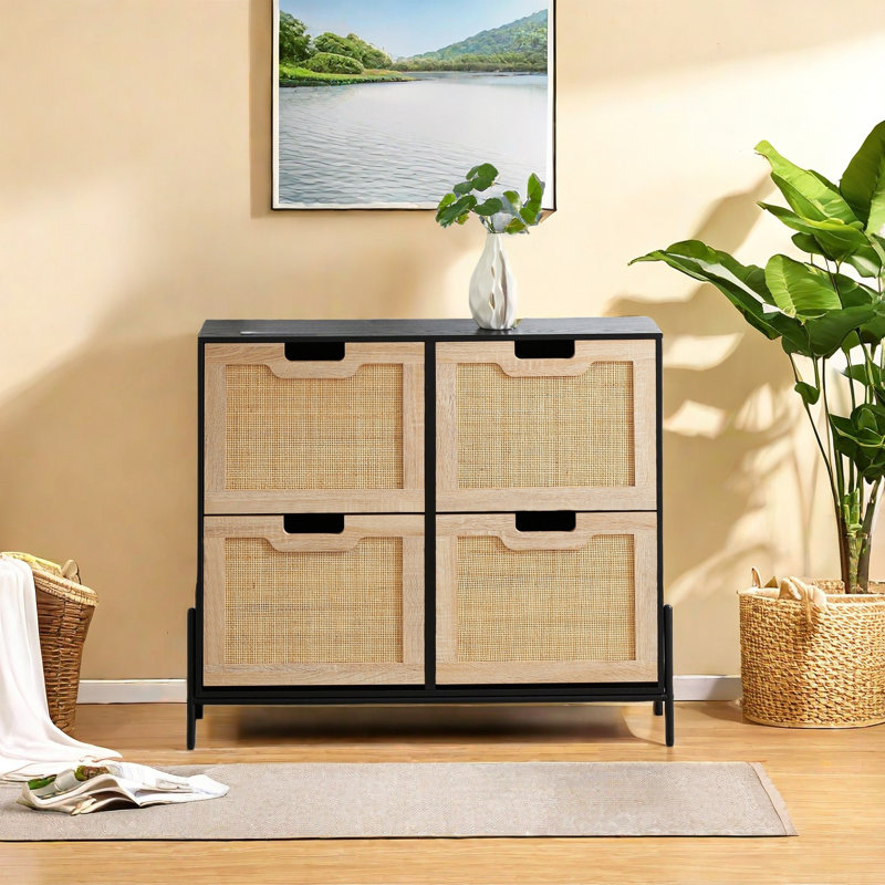 Shoe Cabinet With 4 Rattan Flip Door, Shoe Rack Storage Cabinet, Shoe Organizer With 3-tier Adjustable Shelves, Black/Wood