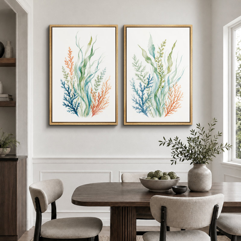 Seaweed Coral Botanical Art, Bathings, H 24 po x l 32 po x P 1,5 po, Cadre naturel