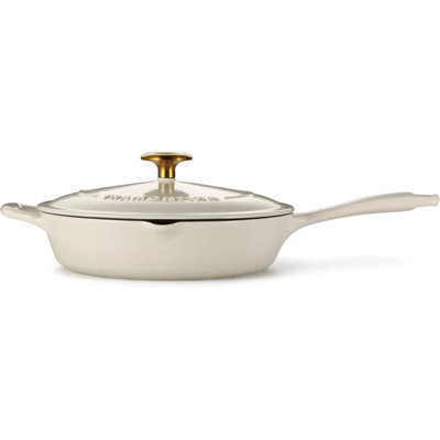 Tramontina Bestow Enameled Cast Iron Skillet with Lid, 10-inch Frying Pan, Latte with Gold Knob