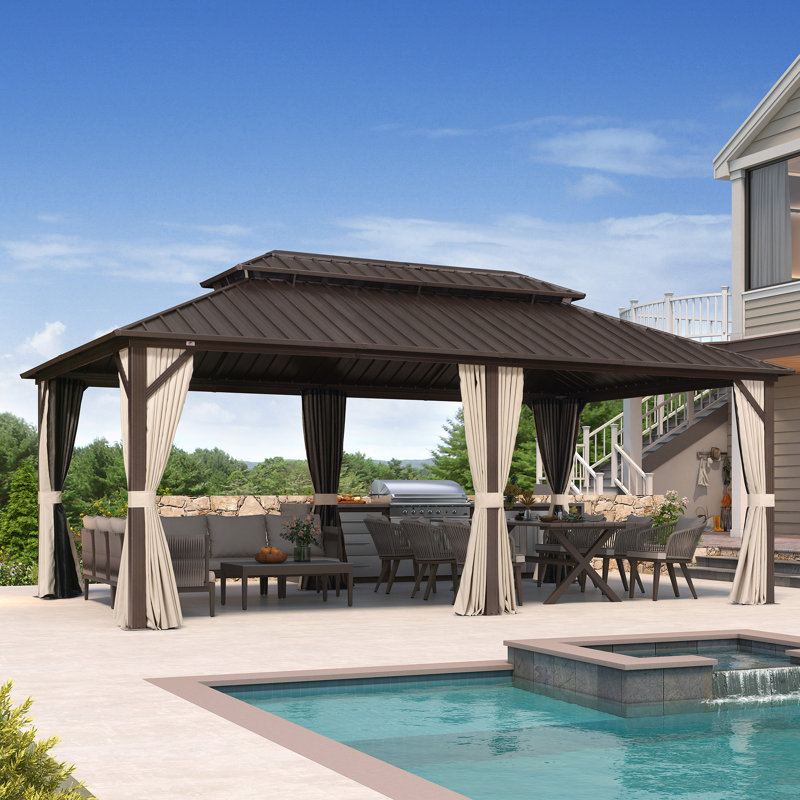 PURPLE LEAF 12’X 20’Outdoor Hardtop Gazebo Metal Frame Galvanized Steel Double Roof with Curtains and Nettings for Patio Desk Backyard Bronze