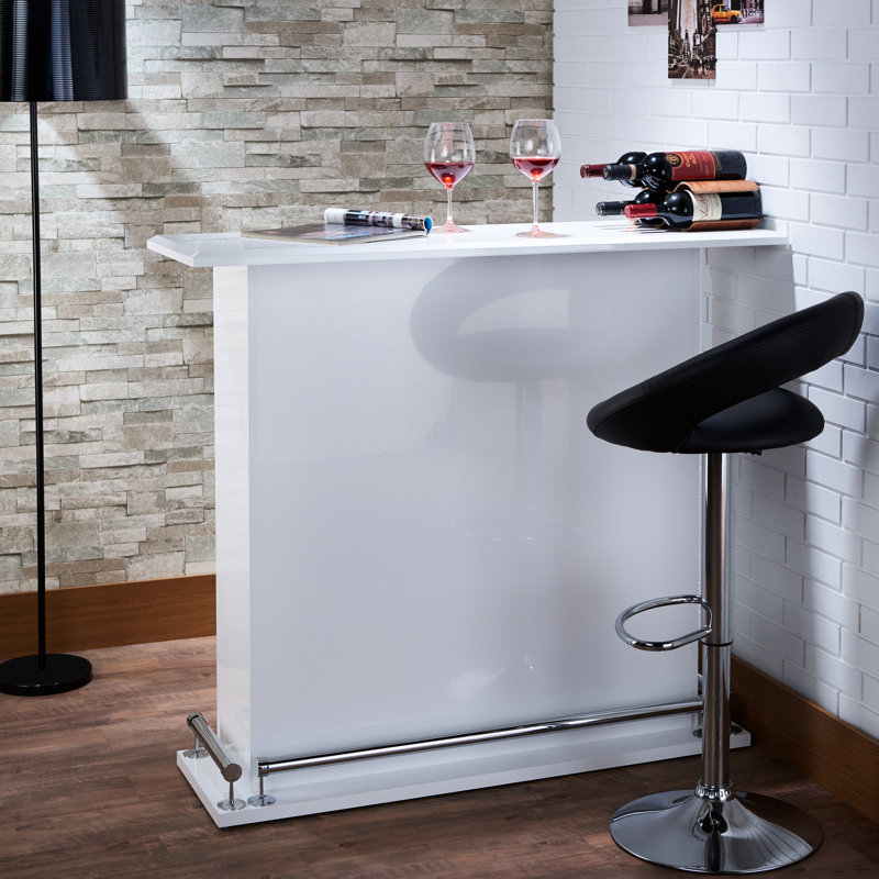 Table de bar cerf-volant à finition blanche brillante avec 6 rangements fixes, structure en bois, repose-pieds en métal, capacité de 100 lb, 47 po de largeur, 41 po de hauteur, rangement à l'arrière, base et repose-pieds