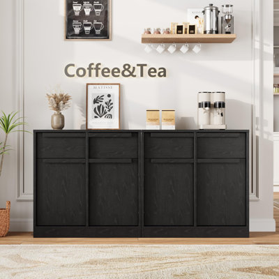 Large Coffee Cabinet with 2 Doors & 2 Drawers, Modern Storage Cabinet with Adjustable Shelves, Wood Coffee Bar Station for Kitchen, Dining Room