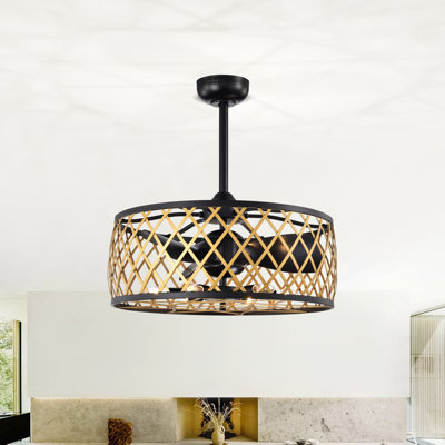 Annas 25 Inch Matte Black And Gold Cage Finish Ceiling Lighted With Remote