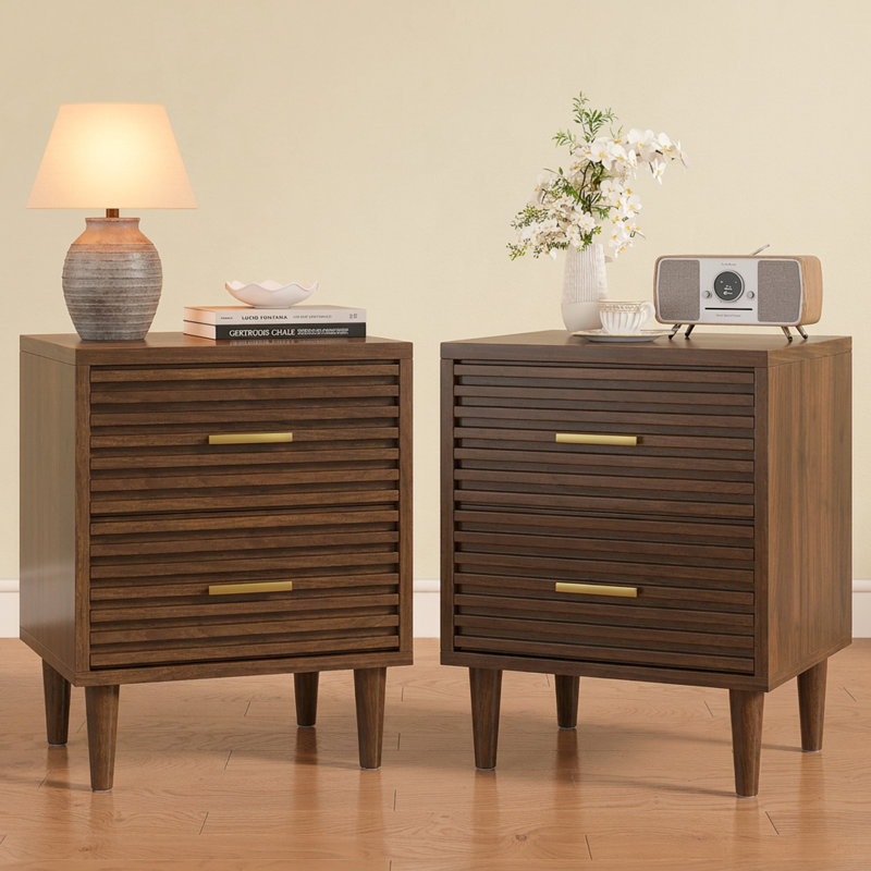 19" W Bedside Table with Storage Drawers, Brown