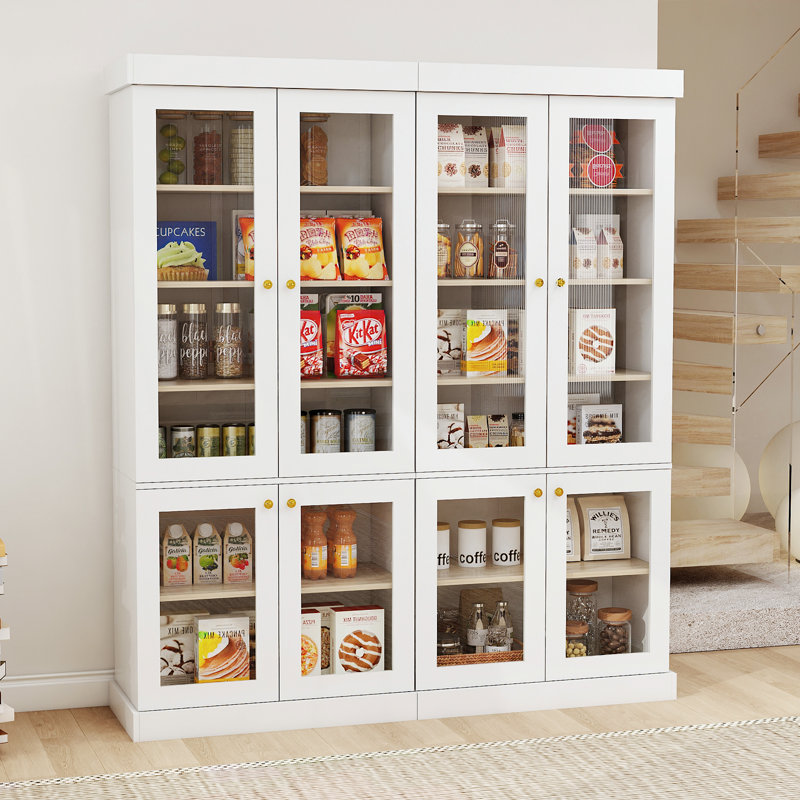 71”Tall Kitchen Pantry Cabinet Wooden Storage with Food Shelves and Glass Door, 2, White