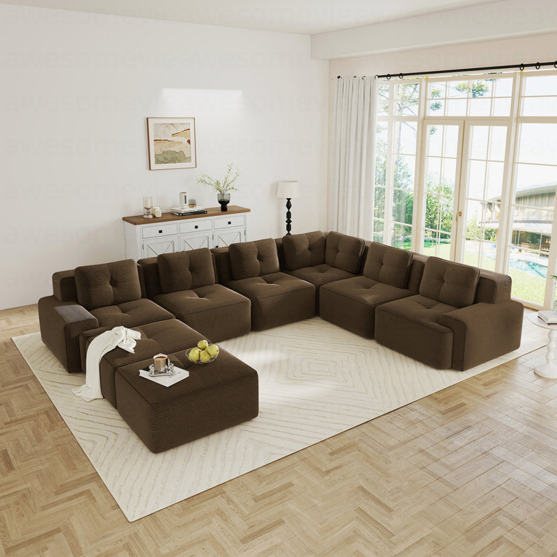 Canapé modulaire Big Comfy - Canapé 6 places en velours côtelé avec 2 repose-pieds mobiles, Brun