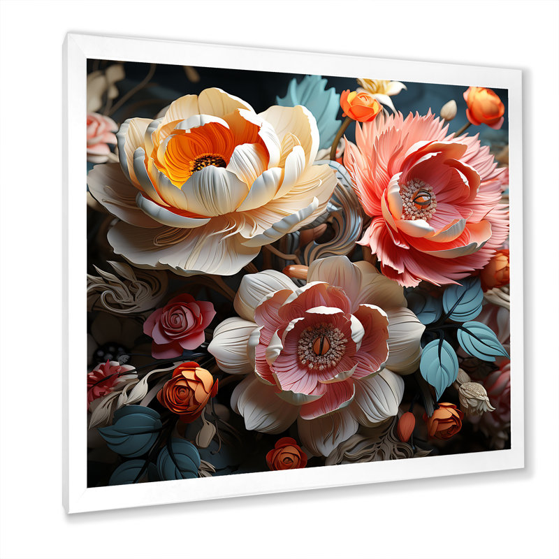 Cubiste en papier Bouquet Rose Grace, Cadre simple blanc, H 30 po x l 30 po x P 1 po