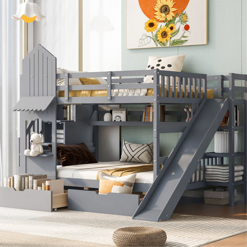 Gray Size Bunk Bed With 2 Drawers, 3 Shelves, And Slide - Solid Pinewood Construction, Suitable For Growing Appearance, Frame, Enhanced Stability