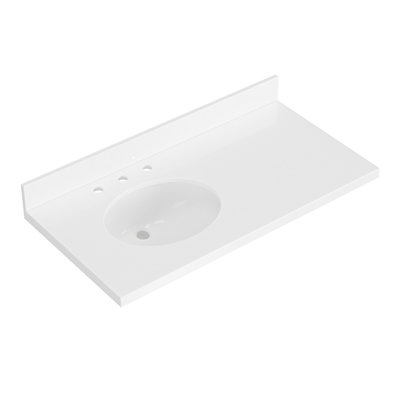 Ariel 43 Inch Pure White Quartz Bathroom Vanity Countertop 1.5 Inch Thick Miter Edge With Oval Single Sink And Includes Backsplash