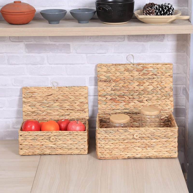 Set of 2 Natural Rattan Rectangular Storage Baskets with Lids