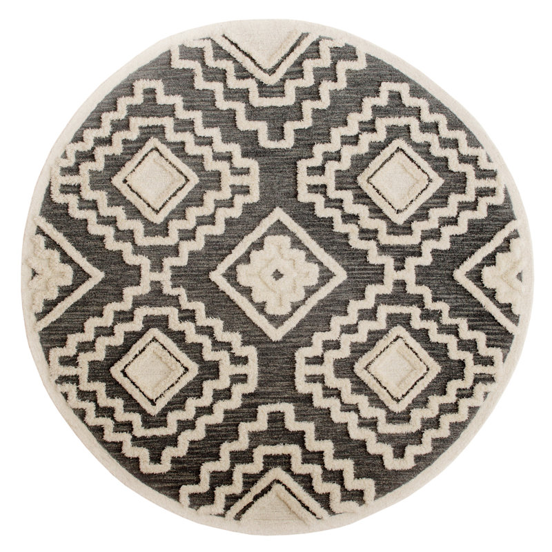 Hand-tufted Wool Geometric Gray Indoor Area Rug, Round 6'