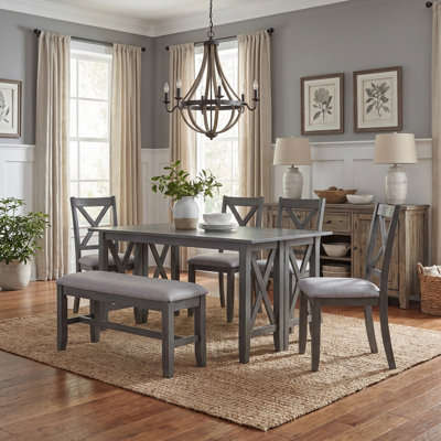 Farmhouse Rustic 6-Piece Dining Room Set, Solid Wood Foldable Multipurpose Table with 4 Upholstered Chairs and Bench, Kitchen Dining Table Set for 6,