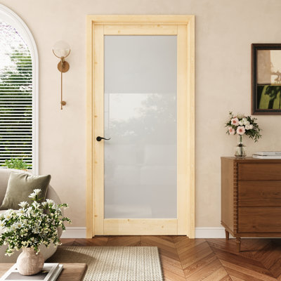 Porte pré-suspendue intérieure en bois de pin et verre givré 32 po x 80 po 1-Lite avec charnières noires, dalle de porte d'intimité en verre avec cadre, porte intérieure comme garde-manger, porte de chambre à coucher, porte de buanderie, portes de placard, portes de pièce, droite