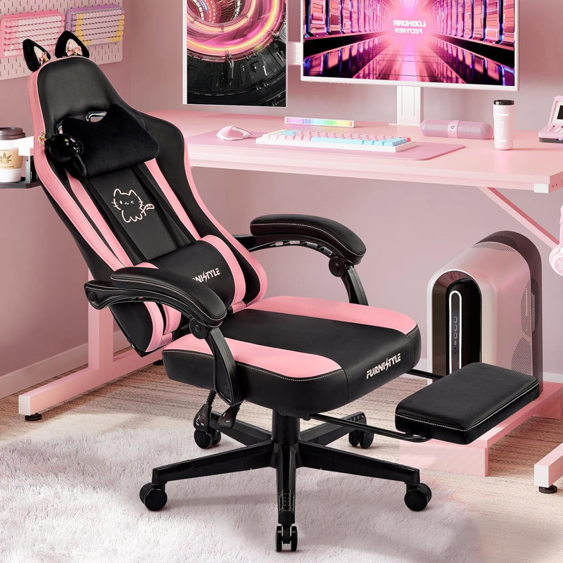 Gaming Chair Cute with Cat Ears & Ringing Accessories and  Lumbar Support, Ergonomic Computer Chair for Girl with Footrest  Headrest & Padded Arms