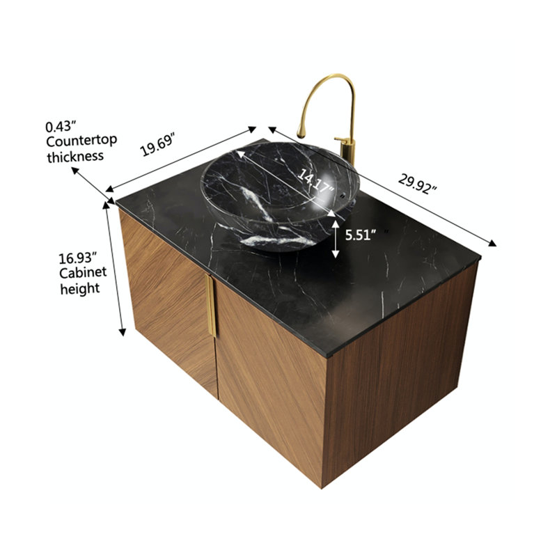 Meuble-lavabo 30 po, armoire de rangement flottante en contreplaqué pour salle de bain avec portes doubles, comptoir en pierre frittée noire et cuve en céramique noire avec motif en pierre