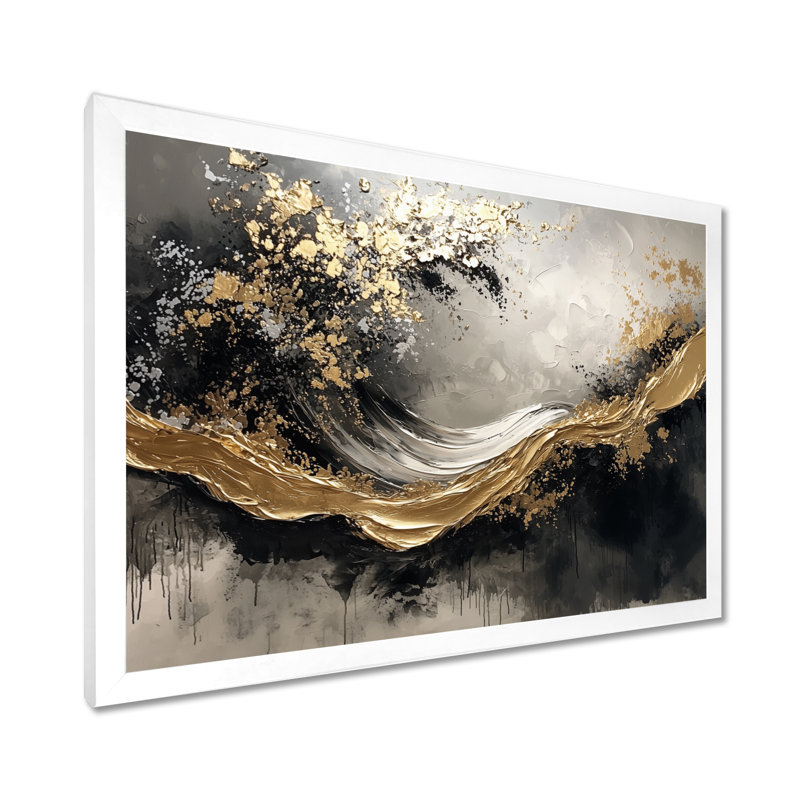 Abstrait fugue dorée et noire en couleur II - Abstrait moderne, art mural, H 30 po x l 40 po, Cadre simple, Blanc