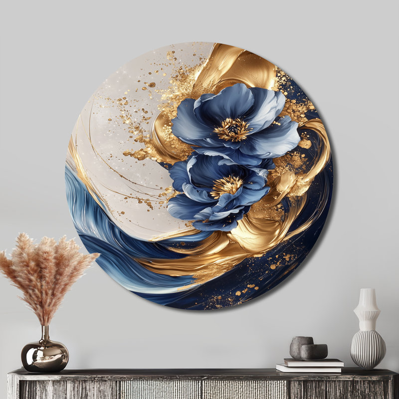 «Gottfried - Modern Peony», art mural rond en métal bleu moderne, H 23 po x l 23 po