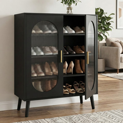 2-Door Shoe Cabinet with USB LED Light Strip, 4 Interior Shelves & 24-Key Adjustable Lighting
