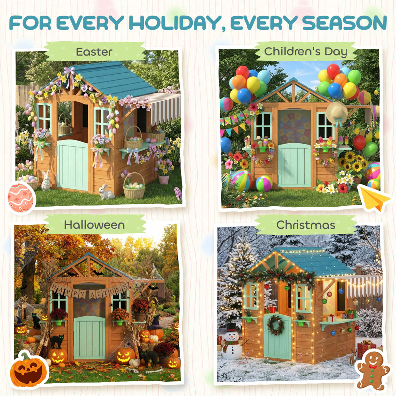 Outdoor Playhouse, Wood Kids Playhouse Cottage with Snack Bar, Half Door, Windows, Flowerpot Holders, Chalkboard, Tossing Game for Backyard, Imaginative Play, for Kids Age 3-6