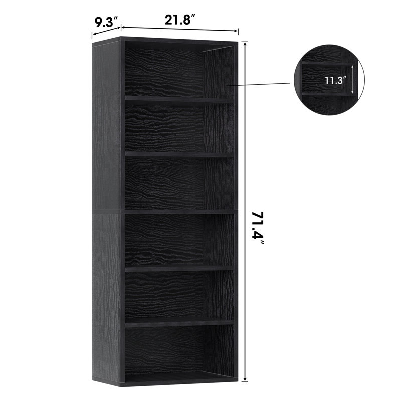 Livingon 21.8"W Standard Bookcase, Black, (6 Shelves) 71.4"H x 21.8"W x 9.3"D