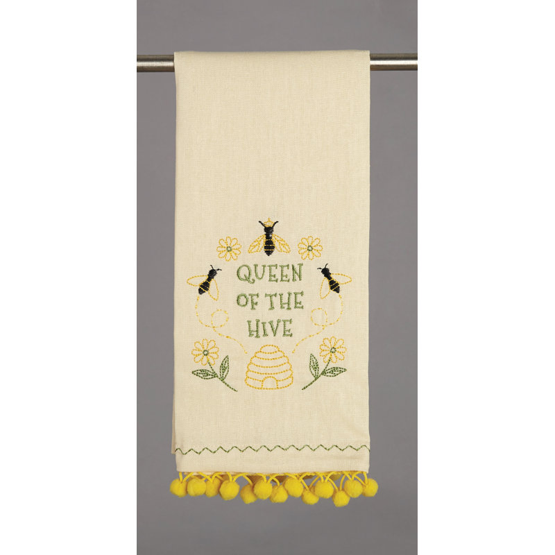 Queen of the Hive Embroidered Tea Towel with Pom Poms