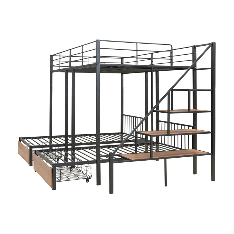 Full Over Twin-Twin Triple Bunk Bed With Drawers And Staircase, Black