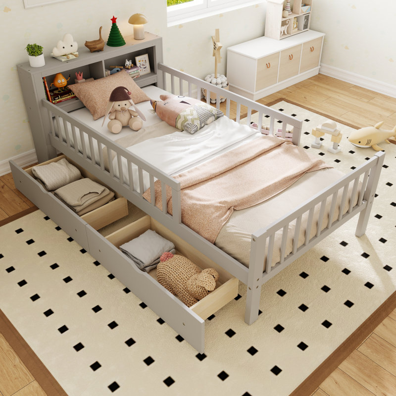 Lit plateforme en bois avec garde-corps et support de tête de lit de style minimaliste, Gris