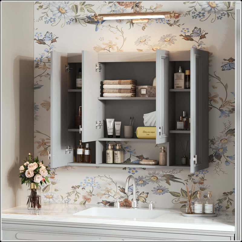 Armoire murale moderne avec 5 tablettes réglables et tablettes ouvertes - gris