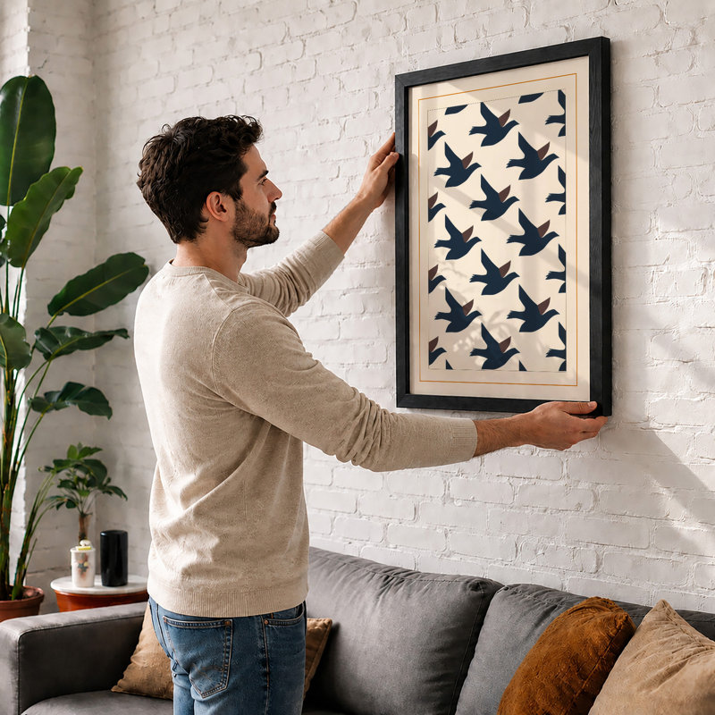 Birds in Flight Geometric - Framed Print, Oak, A3 - 42.0 x 29.7 cm