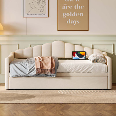 Upholstered Twin Size Daybed With Adjustable Height Pop Up Trundle Twin Bed And USB & Type-C Charging Port