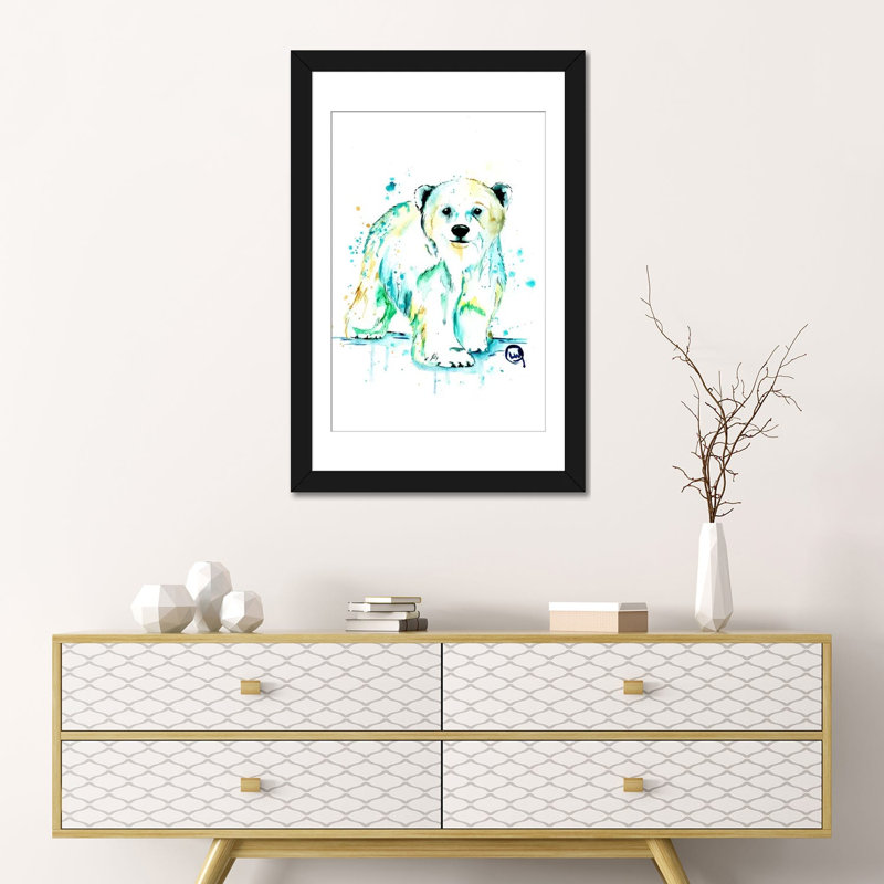 « polar bear baby »-impression sur toile tendue, H 24 po x l 16 po x P 1 po, Papier avec cadre noir, Blanc