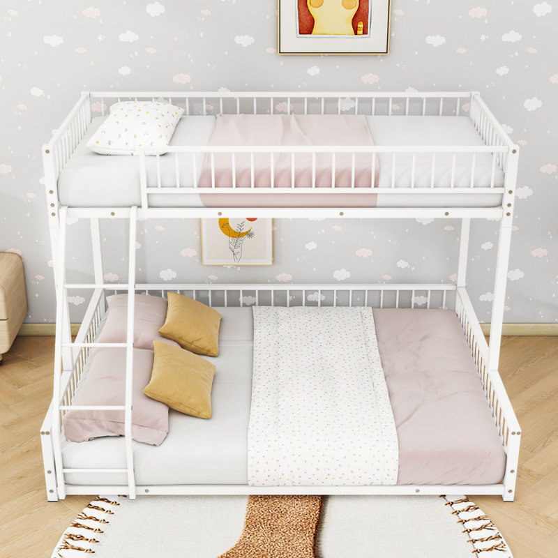 Bunk Bed Frame With Ladder And Guardrails, Twin Extra Long Over Queen, White