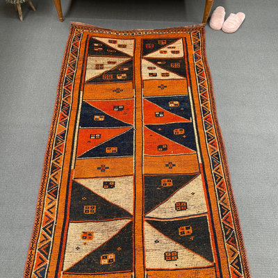 Traditional Wool Runner Rug, 1.3 x 3.8 Ft Orange Patchwork