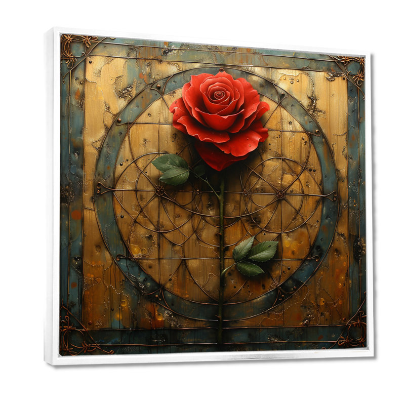 «Red Rose» géométrique rétro or II - rose, art mural, Toile encadrée flottée blanche, H 16 po x l 16 po x P 1 po