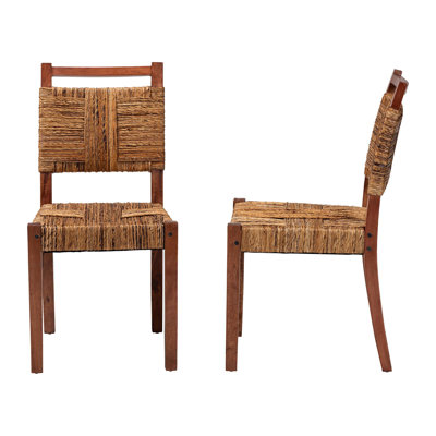 Bali & Pari Chabela Handwoven Seagrass Dining Chair Set Of 2- Solid Mango Wood Frame With Woven Seat And Backrest, Rustic Boho Style Kitchen Or Dining Room Seating, Brown