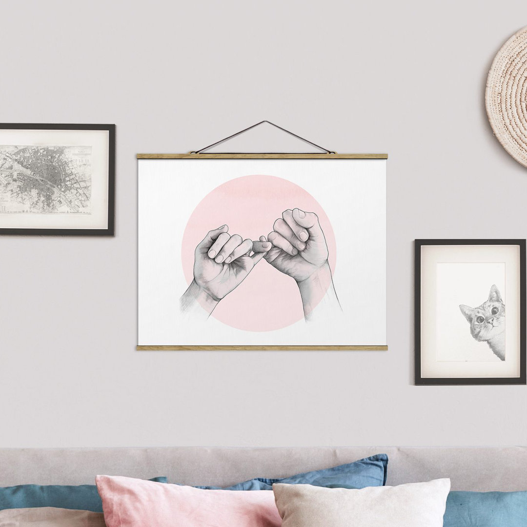 Stoffbild Illustration Hands Friendship Circle Pink White von Laura Graves