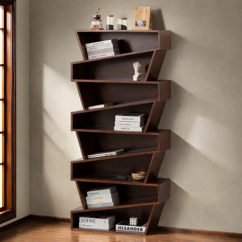 Stylish 8 - Tier Irregular Solid Wood Bookcase, (8 Shelves) 66.9"H x 31.5"W x 11"D