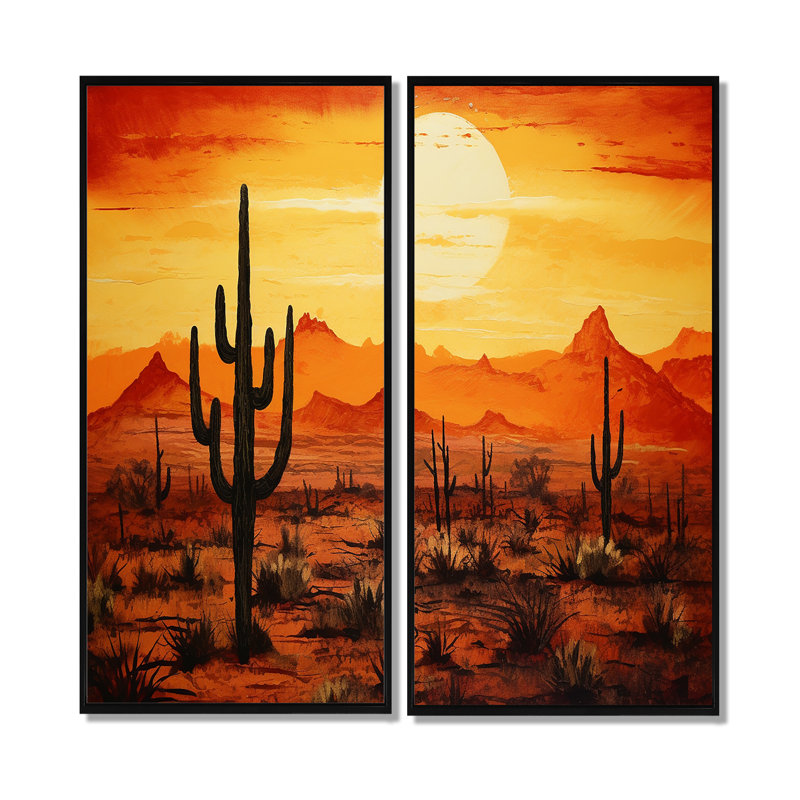 Cactus Sunrise Silhouettes - grandes impressions sur toile de cactus, H 32 po x l 32 po, Noir
