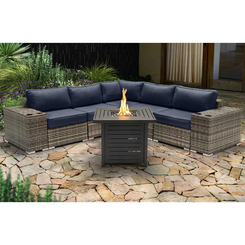 Ensemble de conversation modulaire 8 pièces avec coussins Sunbrella et foyer en métal Lsi, Marine