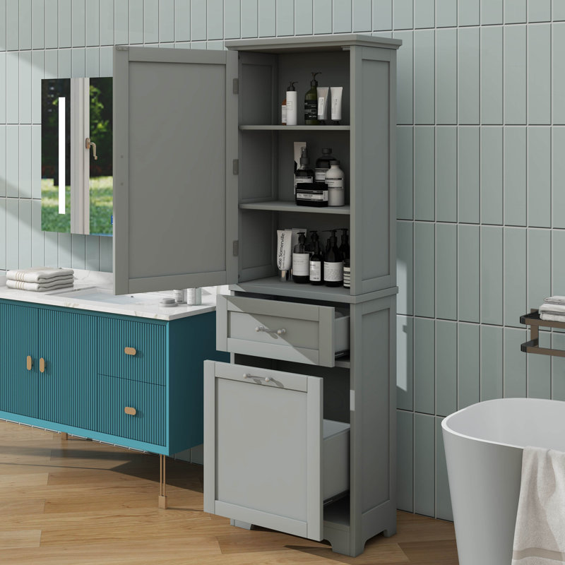 Towering Freestanding Bathroom Storage Cabinet With Two Drawers Of Different Sizes Adjustable Shelf And Painted Finish, Gray