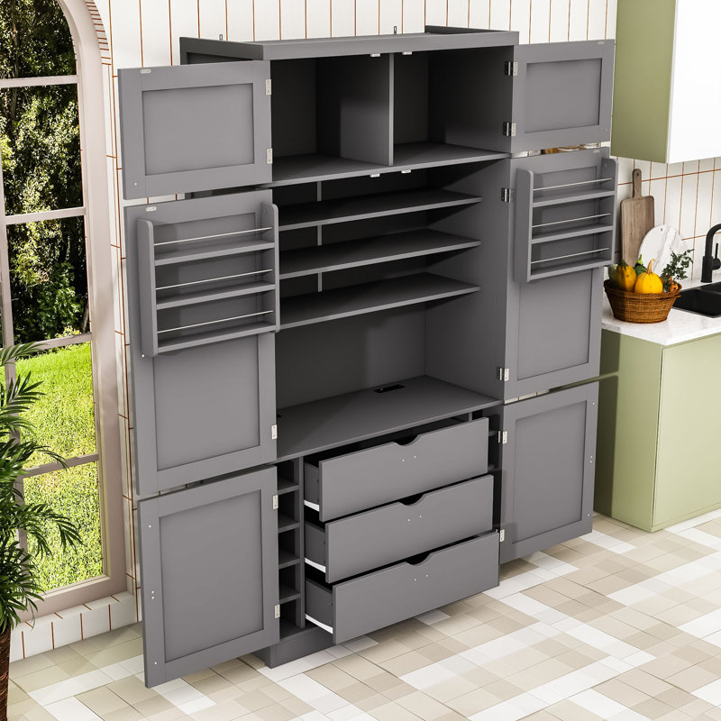 Grand garde-manger autoportant avec rangement de style Shaker, tablettes réglables et 2 prises de courant, Gris