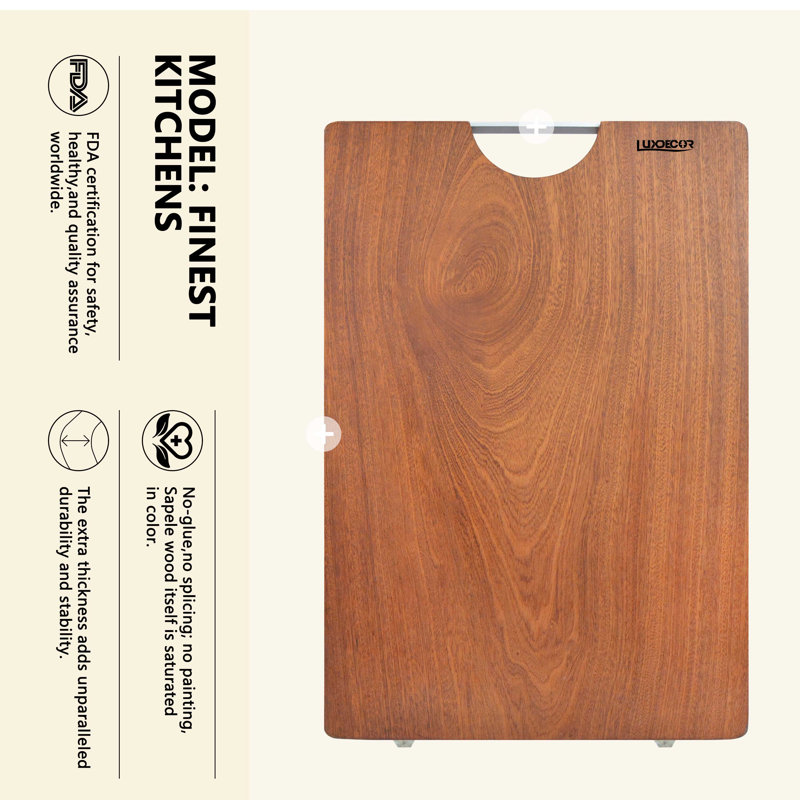  Planche à découper 100% bois massif Luxdecor 17,7 x 11,8 po (45 x 30 cm) sans colle - une seule planche à découper sans teinture