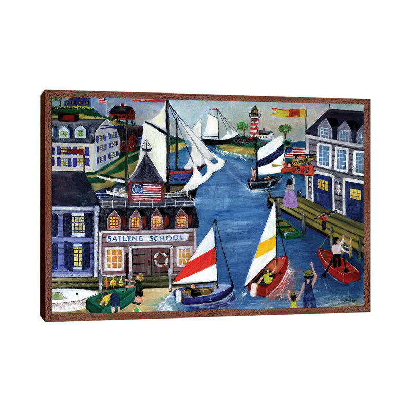Sailing School Folk Art 1 Piece Painting on Canvas, 66.04cm H x 101.6cm W x 3.81cm D, Classic Brown Wood Framed