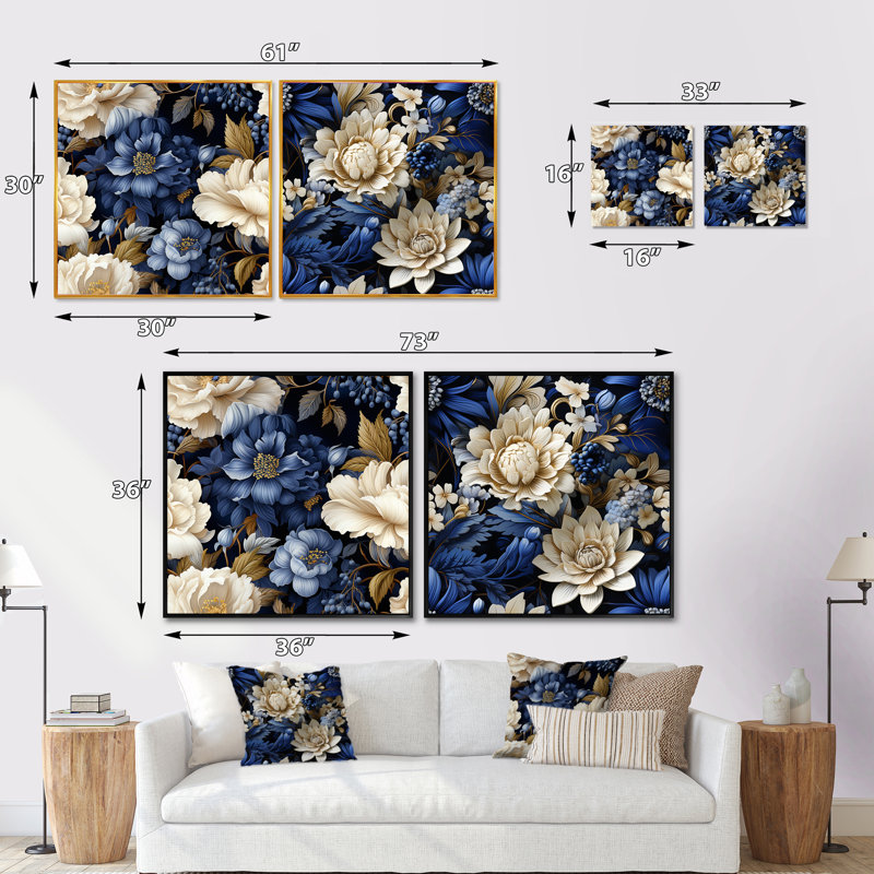 Victorian Cobalt Foliage Victorian, Cadre flottant noir, H 16 po x l 33 po