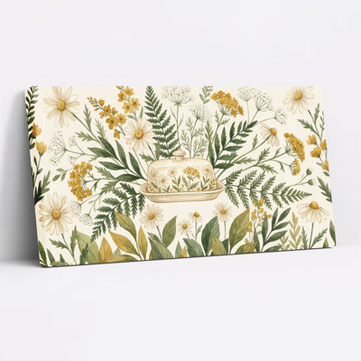 Floral Daisy And Fern Pattern Canvas Wrapped Wall Art Oil Painting Print Set Of 1