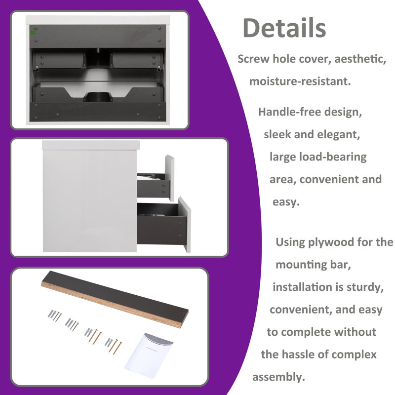 wall mounted bathroom vanity with 2 resin engineered stone sinks,2 doors with soft-close 90° hinges,2 drawers with hidden soft-close slides,Excludes faucet & drainage
