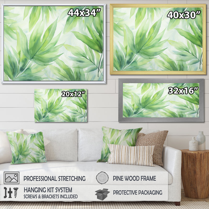Vert tropicale vert en couleur pastel - Collages abstraits, art mural, Cadre d'angle fermé noir, H 34 po x l 44 po x P 1,5 po