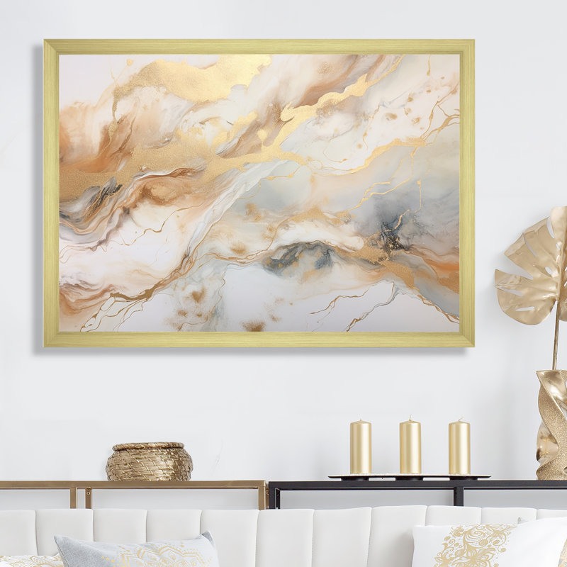 Géode de pierre beige et dorée, paysage minimaliste II, Cadre doré simple, H 30 po x l 40 po x P 1,5 po